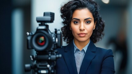 Confident Female Photographer Standing With Professional Camera Setup, Digital equipment enhances blog concept.