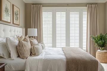 Elegant white plantation shutters bring a luxurious and serene ambiance to a cozy bedroom.