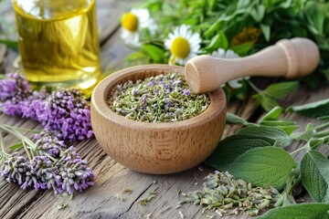 Herbs and essential oil on a wooden table with floral accents