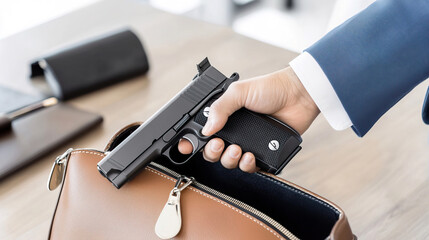 Close-up of Hand Reaching for Handgun in Business Bag Setting, Adult women demand better protection concept.