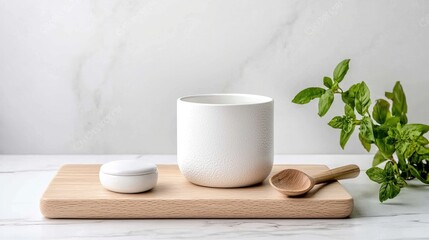 White ceramic container, wooden spoon, and mint sprig on marble.  Lifestyle product shot