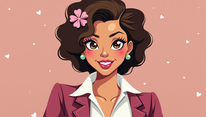  Illustration of a cheerful woman with a flower in her hair