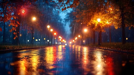 Obraz premium A background of wet pavement reflecting colorful streetlights in the rain.