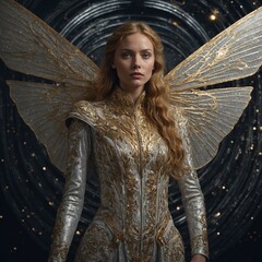 In a vintage cinematic photograph, a fairylike provocative space pioneer stands tall, clad in shimmering silver and gold. Her delicate wings glisten in the soft light of a distant star, her eyes gleam