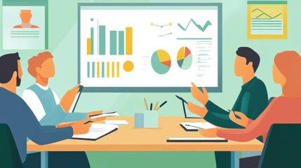 Business meeting with diverse team discussing charts and graphs