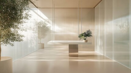 Fototapeta premium A translucent minimalist office space surrounded by frosted glass panels