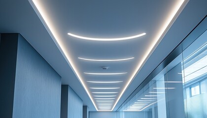 Fototapeta premium Flush-mounted recessed LED downlights with metallic trim on a sleek gray ceiling