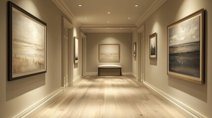 Fototapeta premium Gallery wall in a neutral hallway illuminated by soft recessed lighting