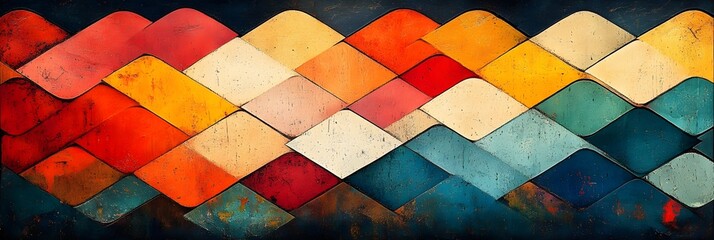A background of zigzag patterns in a mix of muted and bright colors.