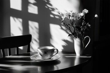 Elegant morning tea setting with flowers and soft shadows