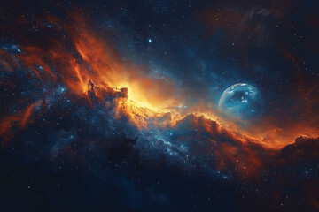 Stunning Cosmic Nebula with Orange and Blue Hues and a Moon