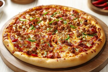 A freshly baked pizza is placed on a wooden board