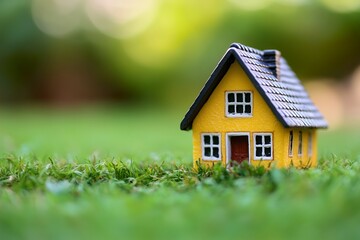 Small yellow house model on green grass in bright sunlight
