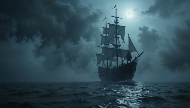 Mysterious pirate ship sailing under a full moon in a dark and stormy sea