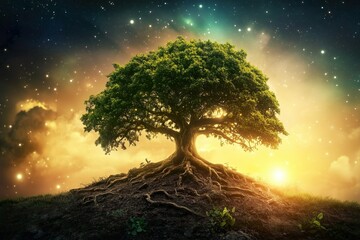 Majestic tree under a starry sky with cosmic backdrop