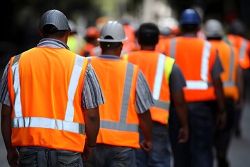 Fototapeta premium Construction Workers in Safety Vests Walking on Site Teamwork Safety Gear Hard Hats