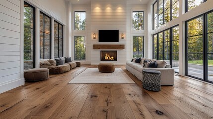 Living room in a newly built luxurious home with a farmhouse aesthetic, featuring hardwood flooring, elegant shiplap walls, a cozy fireplace, and built-in lighting.