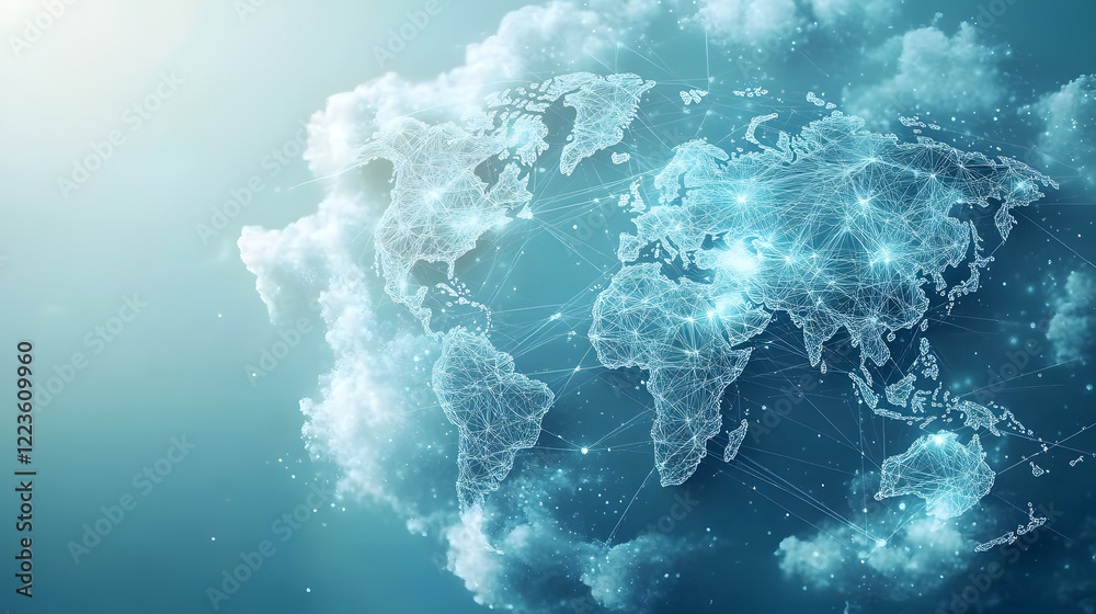 Wall mural light blue background with a digital world map and global network connections, representing the conc