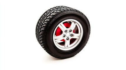 Obraz premium Sporty Car Tire with Silver Alloy Rim and Red Brake Caliper Design