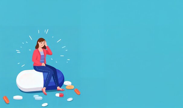 Young woman with hand on head sitting on a big pill and suffering from migraine. Strong headache medication cure. Overworked, exhausted. Pain management concept. Triptan painkillers.