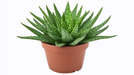 Fototapeta premium Lush Green Aloe Vera Plant in a Simple Brown Pot on White Background
