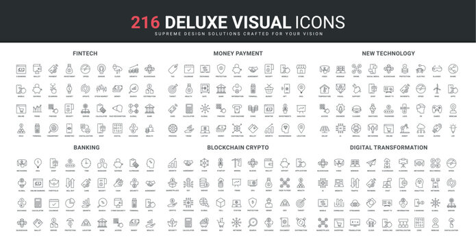 Fintech and blockchain, digital money payment and banking in mobile app, cryptocurrency line icon set. New futuristic technology, digitalization thin black outline symbols vector illustration