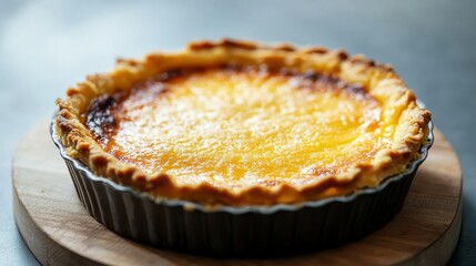 Golden cheese tart on wooden board