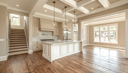 Fototapeta premium Modern kitchen foreground featuring a kitchen island and wainscoting, with a wooden staircase in the background.