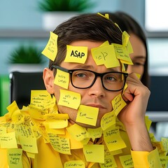 Office Humor, A person drowning in sticky notes with ASAP written all over them, while a coworker casually sips coffee in the background