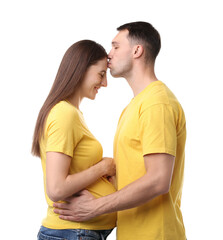 Fototapeta premium Pregnant woman and her husband on white background