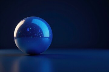 Shimmering blue sphere on a dark surface reflection, dark background, metallic sphere
