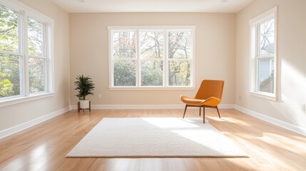 Fototapeta premium Sunny room, armchair, rug, hardwood floor, windows, home interior, real estate