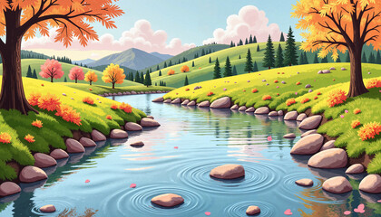 Autumn landscape with river and colorful trees