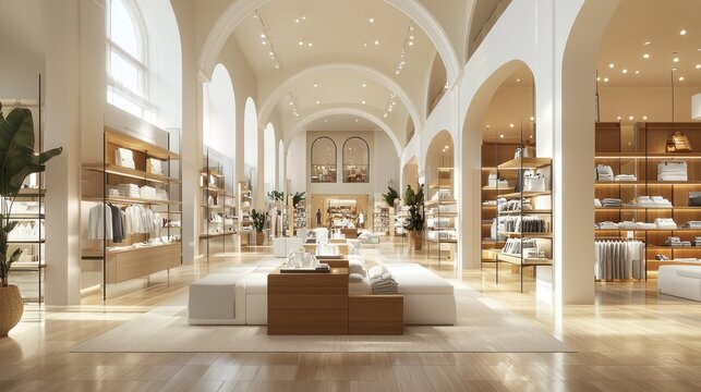 Repeat of the modern retail store layout with emphasis on tall, well-lit ceilings and a clean design.