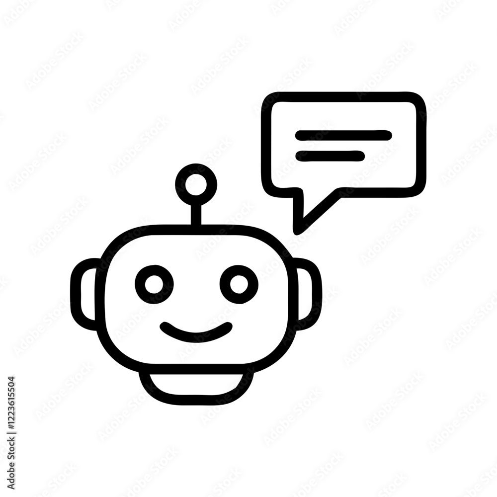 Poster friendly robot head with speech bubble representing a chatbot or ai assistant.vector simple icon for