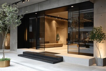 Sleek black sliding door within a shop, merging minimalism with modern design.