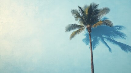 Solitary palm tree with shadow against soft blue sky