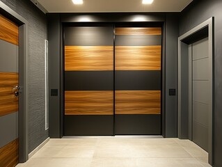 Stylish wooden doors of a wardrobe in a modern home, highlighting elegant design and functionality
