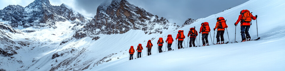 Skiers in red jackets and backpacks walk in a line up a snowy mountain slope. Concept of winter adventure and teamwork. For travel brochure.
