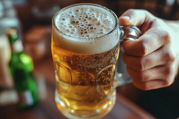 A person is holding a glass of beer with foam on top. The beer is poured into a glass with a handle