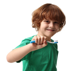 Cute boy with toothbrush on white background