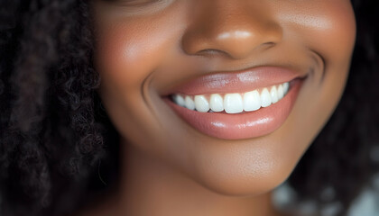 Obraz premium A close-up of a woman's confident smile, her white teeth gleaming against her smooth complexion, copy space for text.