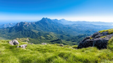 Mountain range panorama, sunny day, scenic view, travel postcard