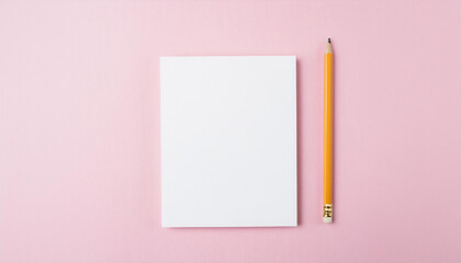 Blank paper and pencil on pink backdrop. Message and note concept. Mock-up. Flat lay. Close-up.
