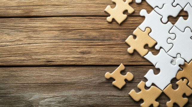 Scattered jigsaw puzzle pieces on wooden surface