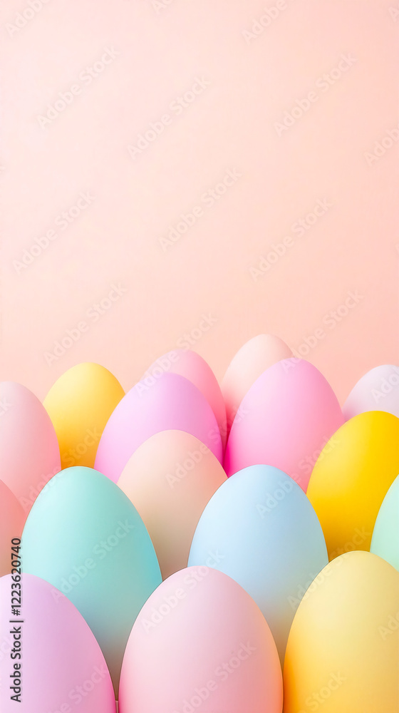 Poster Colorful pastel eggs arranged in a playful display against a soft pink background for spring celebrations