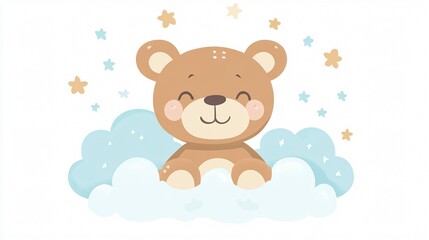 Adorable Baby Shower Bear with Cloud, Wide Angle Centered Composition