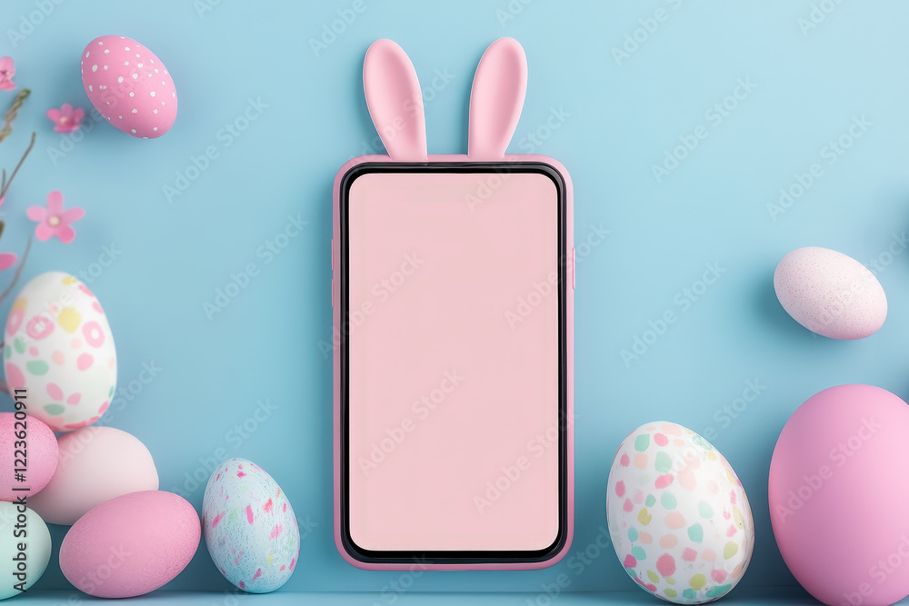 Poster Creative smartphone display with bunny ears surrounded by colorful Easter eggs