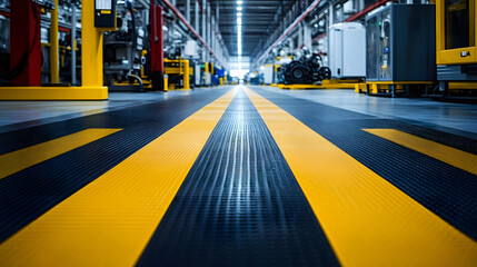 A detailed shot of a floor marking tape creating clearly designated walkways and hazardous areas improving navigation and safety within the factory.