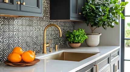 A chic kitchen with quartz countertops, a gold faucet, and a geometric tile backsplash.